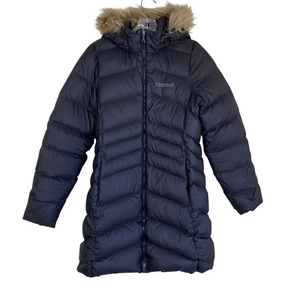 Marmot Womens Sz M Montreal Down Coat 700 Fill Hooded Faux-fur Trim Quilted Warm - Picture 2 of 16
